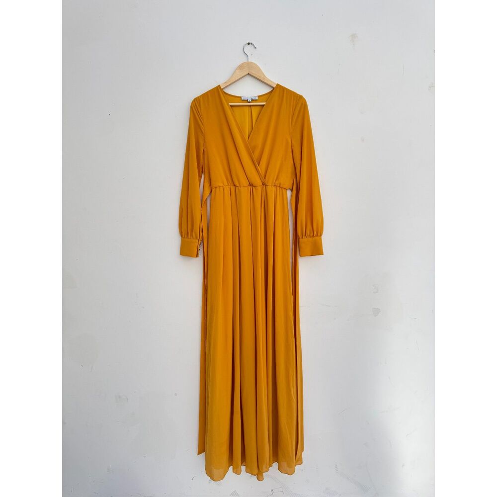 Baltic Born Lydia Mustard Yellow Faux Wrap Chiffon Maxi Dress Medium M